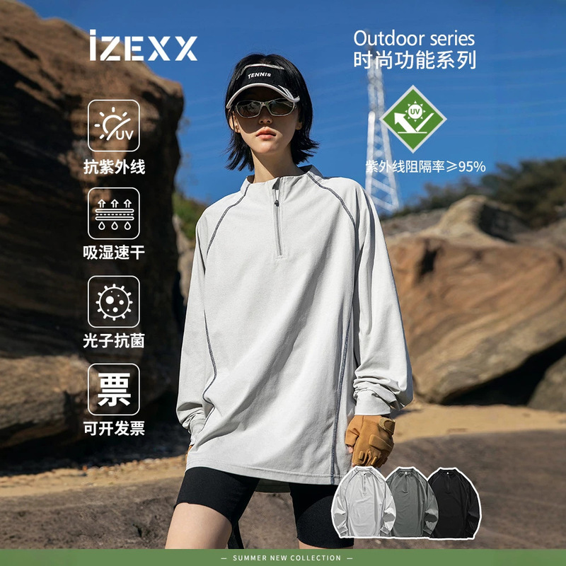 Izexx Trendy Outdoor Sports Quick-Drying Long-Sleeved T-Shirt for Men and Women, Collarless Half-Zip Couple Style Slim Fit Top