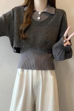 白枕鹤假两件领正肩针织衫毛衣女秋冬大码胖背心外搭上衣两