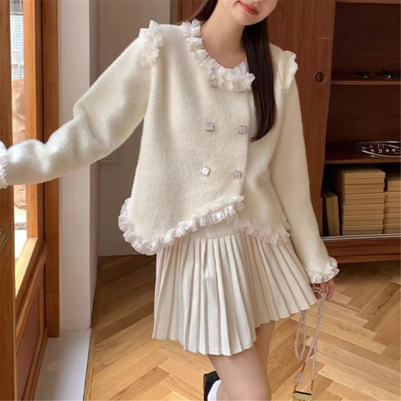 24 invierno Puyuan encantador viento fresco dulce imitación de cardigán de visón cuello redondo suelto camisa de estilo de mujer