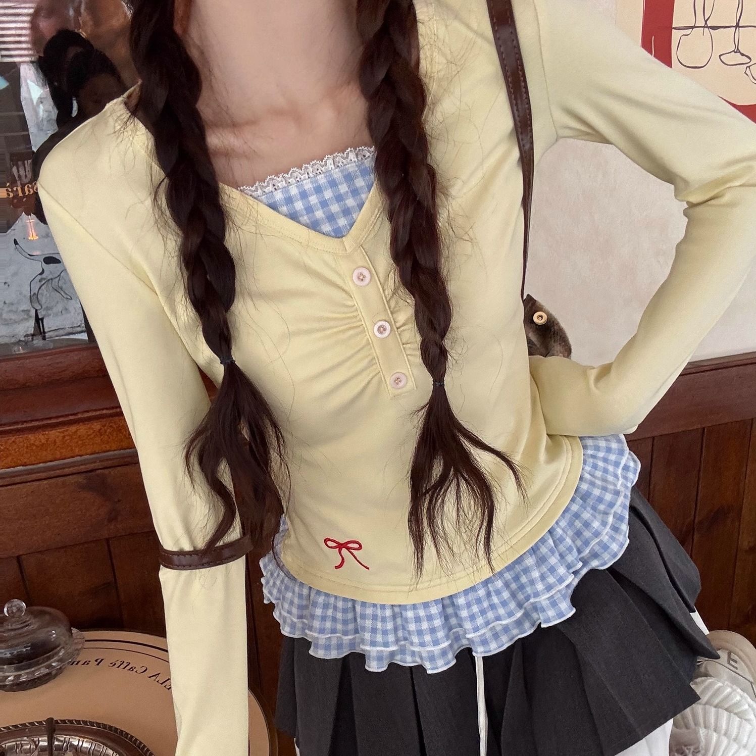 Lace demi-season autumn base body-friendly long-sleeve with bow