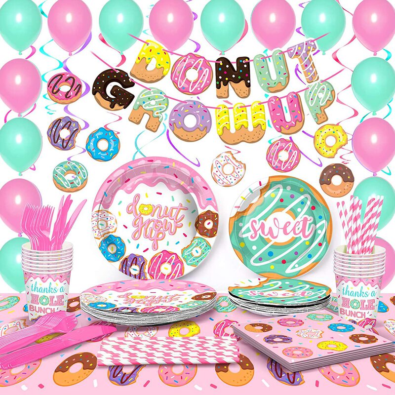 Donut Pink Girl Birthday Party Decoration Disposable Plastic Tablecloth Plate Pink Theme Arrangement