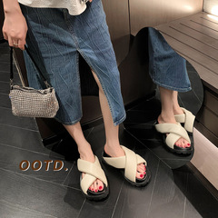 小hong書博薦~韓版增高拖鞋2024夏季新款羊皮鬆糕厚底涼拖女