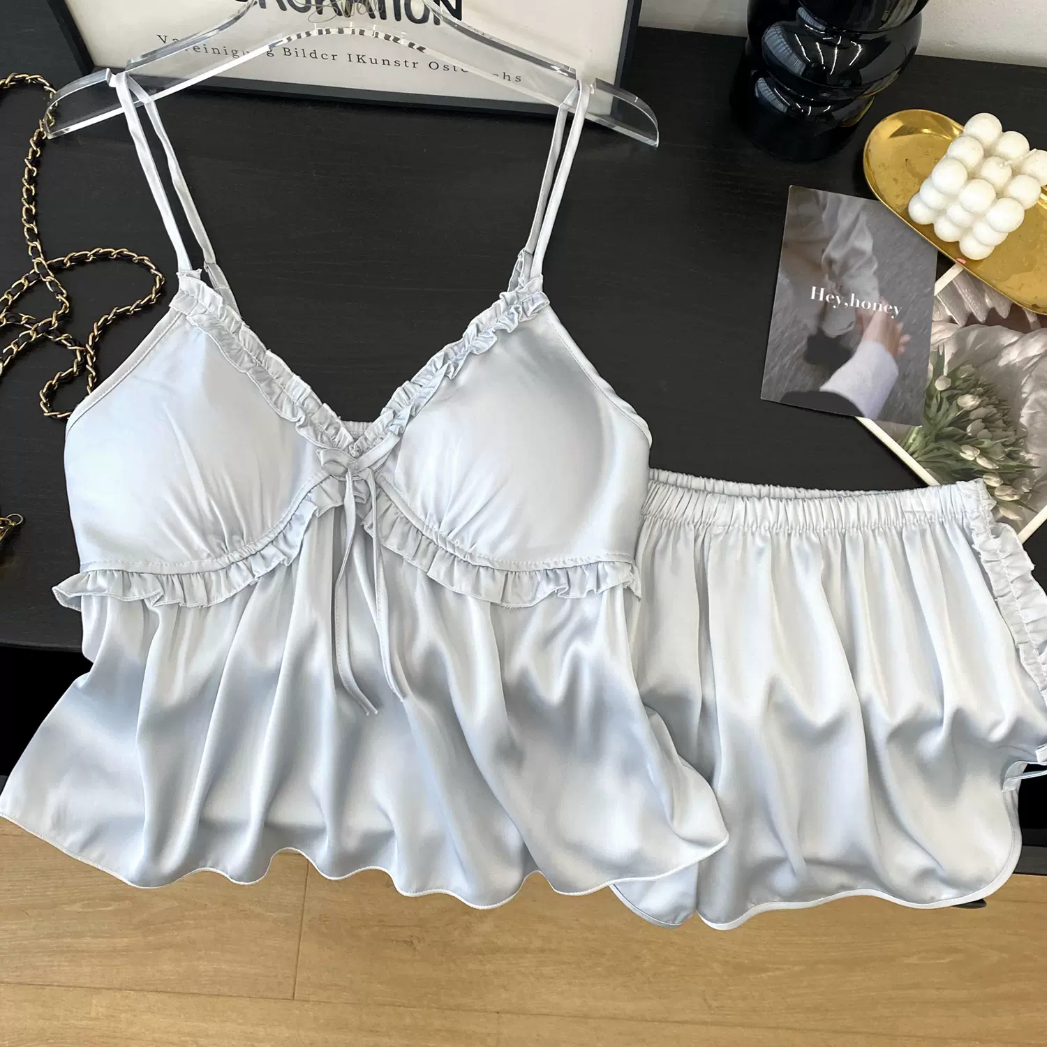 花边蝴蝶结性感吊带睡衣女轻薄弹力缎面质感吊带睡衣套装柔软舒适