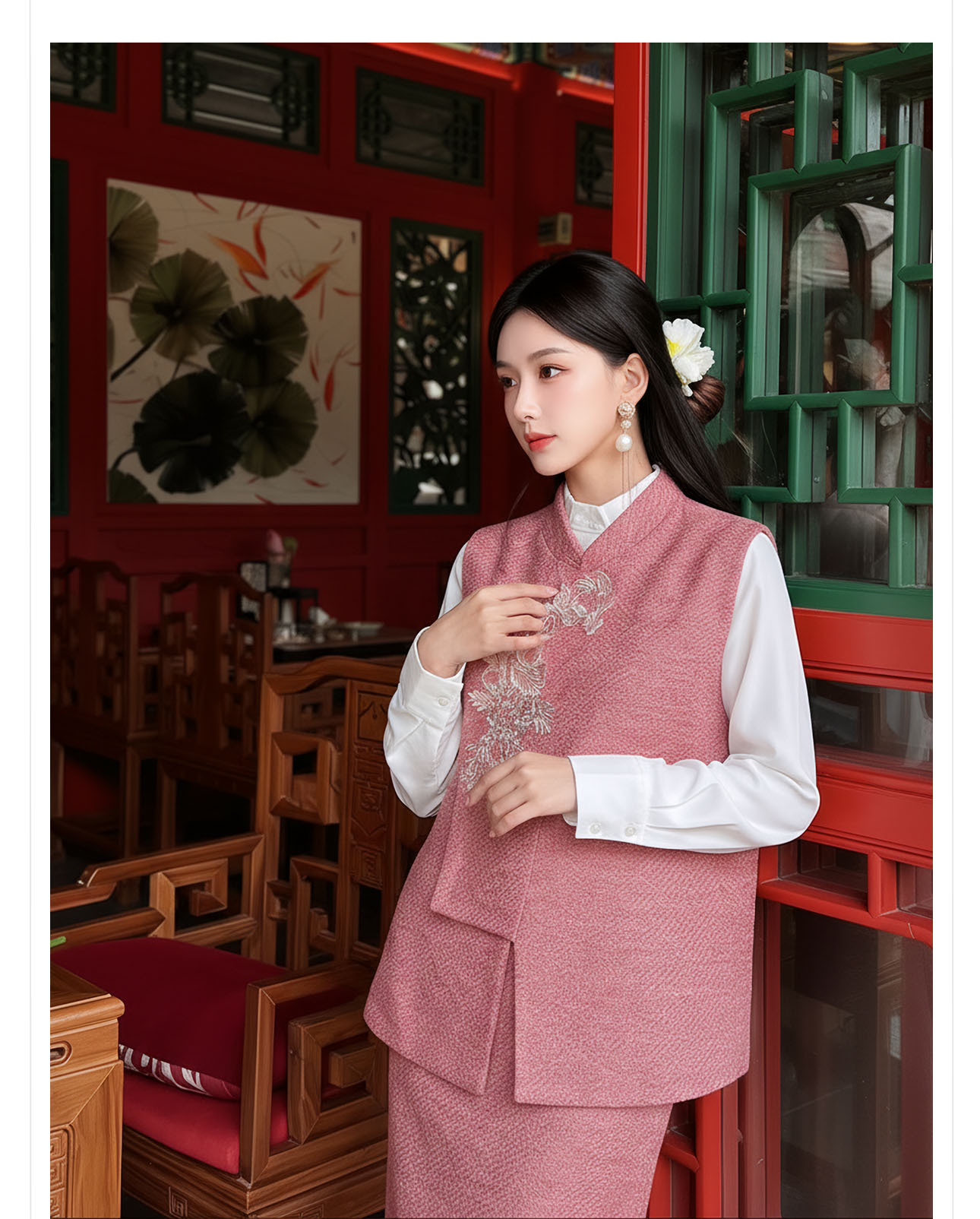 Bộ áo gile không tay và chân váy midi tân cổ điển đính cườm sang trọng — nửa váy, Trang chủ chi tiết 12