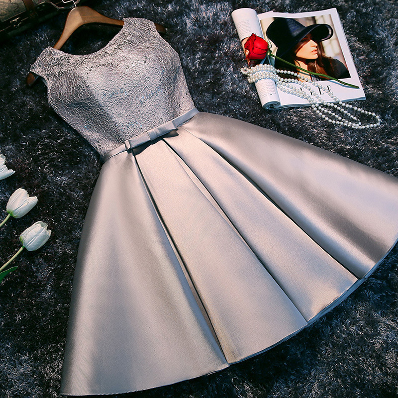 Evening dress women's short gray bridesmaid dress dress small dress satin dress large chorus dress can be worn at ordinary times
