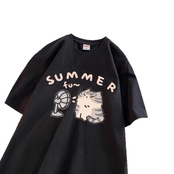 [Taiwan Cross-border Wholesale] Summer New Printed Letter Kitten T-shirt Men's and Women's Round Neck Loose Casual Top