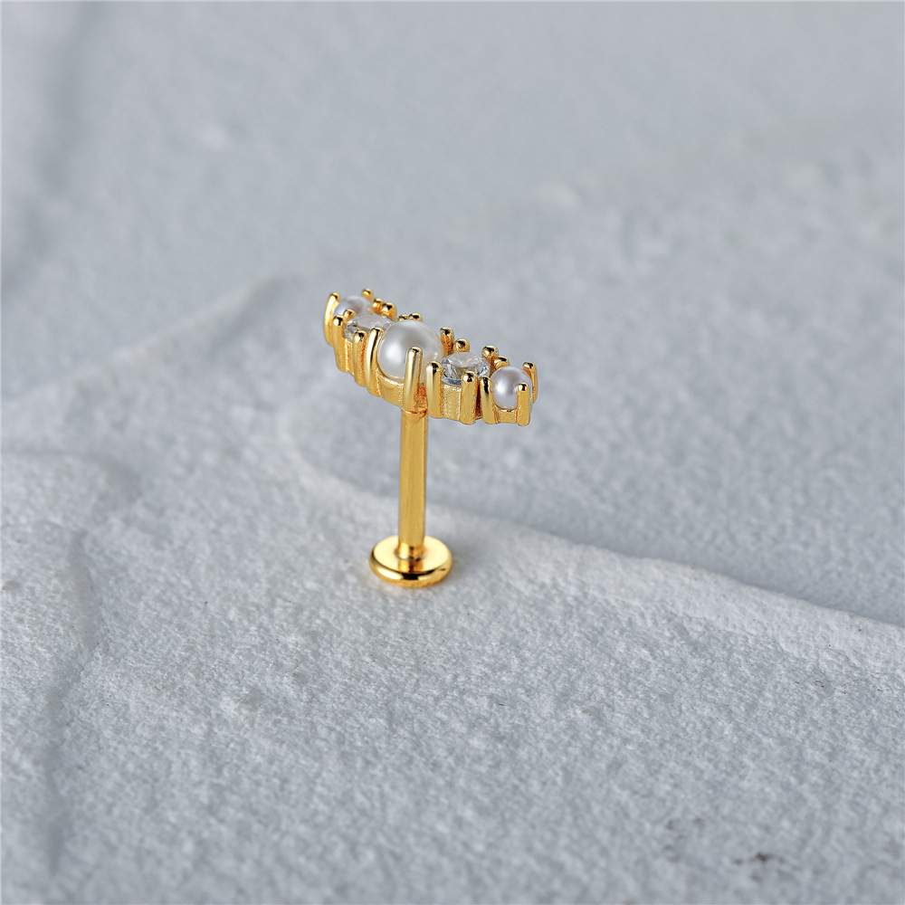 Nueva moda s925 plata esterlina estilo ins arco de una sola fila diamante incrustado perla 16G cabeza plana piercing hilo oído hueso clavo