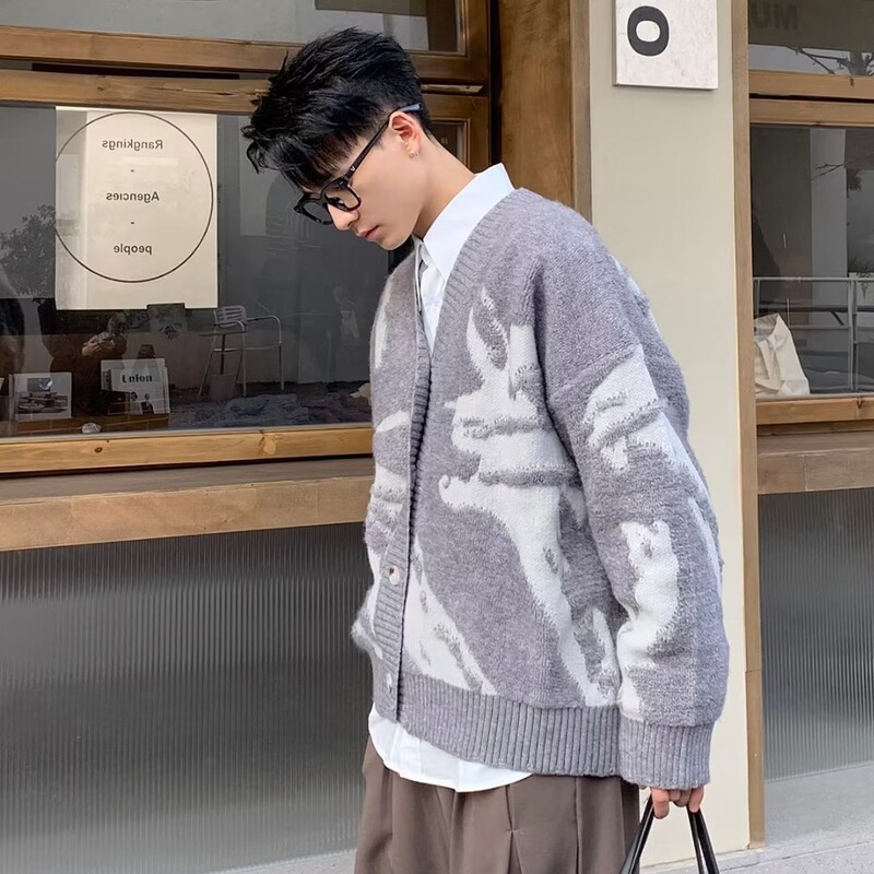 American-style Retro Flocking V-neck Cardigan Sweater Men's and Women's Trendy Brand Loose Lazy Style Men's All-match Ins Simple Sweater