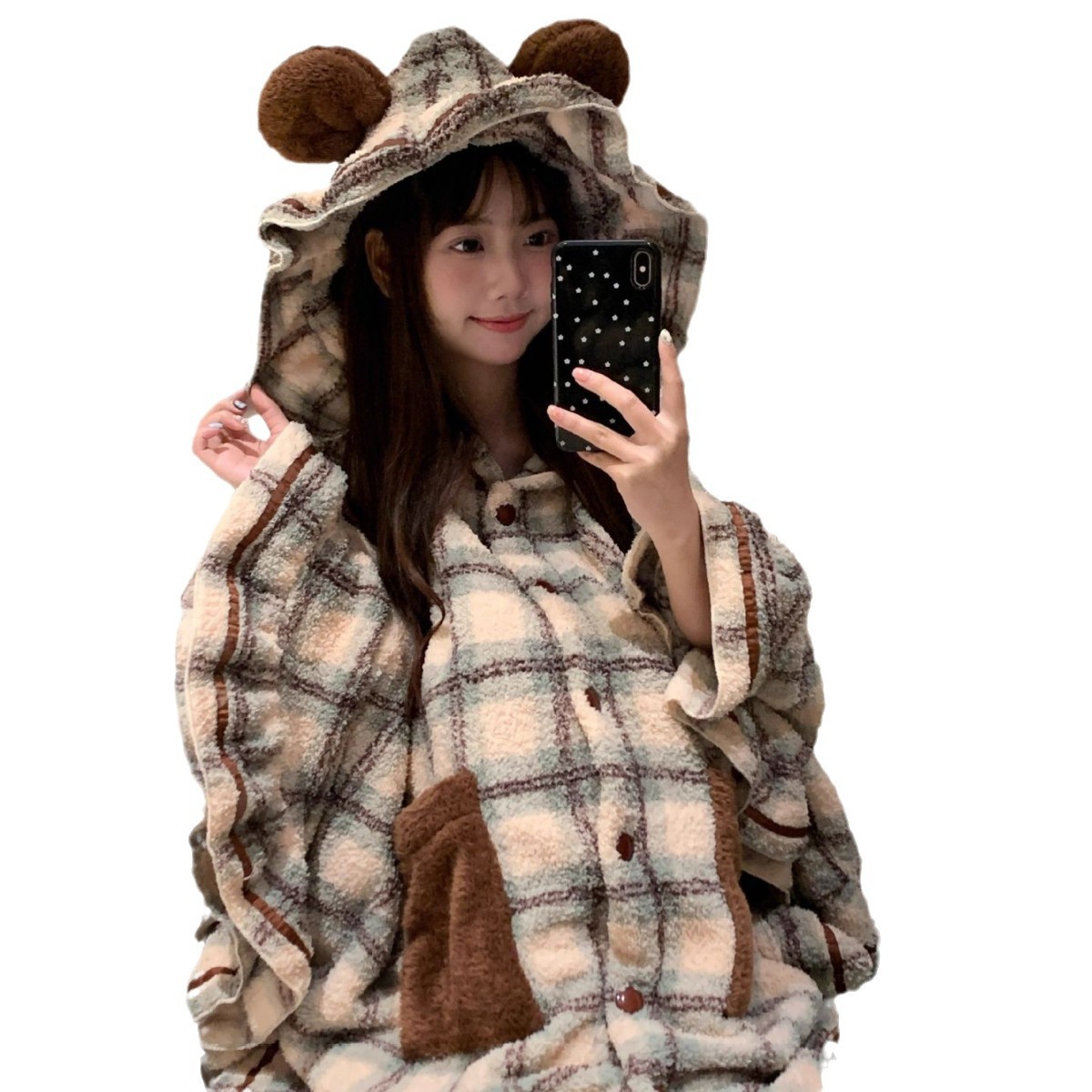 소녀의 귀여운 곰 후드 산호 양털 판초 잠옷 여성의 가을과 겨울 플란넬 잠옷 두꺼운 홈 옷 잠옷