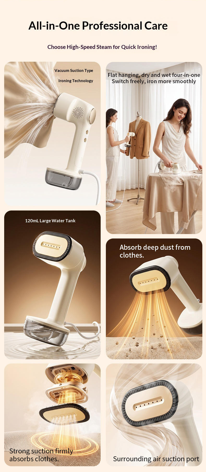 Adhesive Hanging Garment Steamer, Two-Level Suction, Dry and Wet