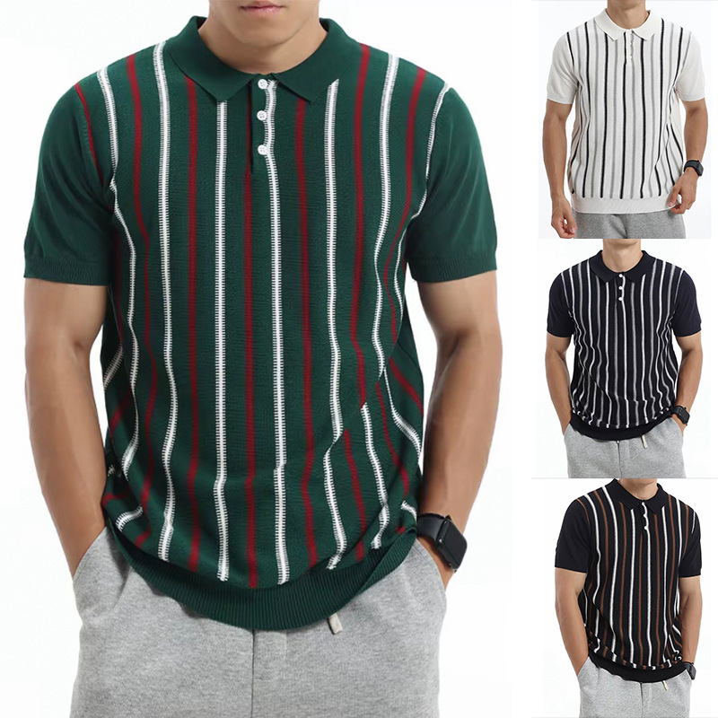 Polo camiseta de punto camiseta de manga corta camiseta de hombre solapa vertical rayas viejos negocios hielo seda fábrica transfronteriza al por mayor