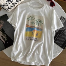 韩系百搭沙滩风景图案印花短袖T恤女 夏季新款宽松显瘦减龄上衣