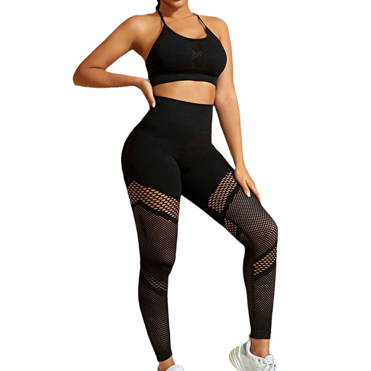 Traje de yoga pantalones de sujetador transpirable hueco para mujer ropa de camuflaje traje de punto sin costuras de fitness expuesto a la cintura