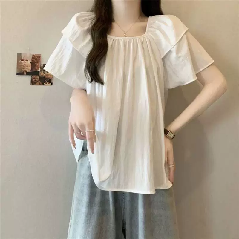 Большой размер сладкий стиль ретро-рубашка с короткими рукавами с квадратным вырезом