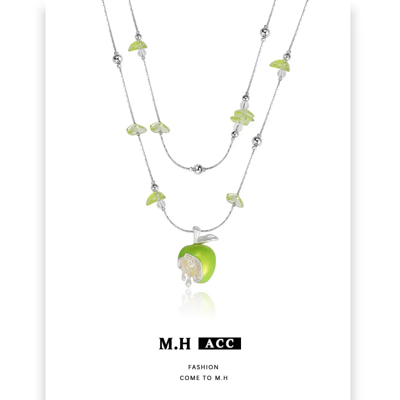 青苹果吊坠项链配饰女款2025新款原创设计轻奢小众双层叠戴锁骨链