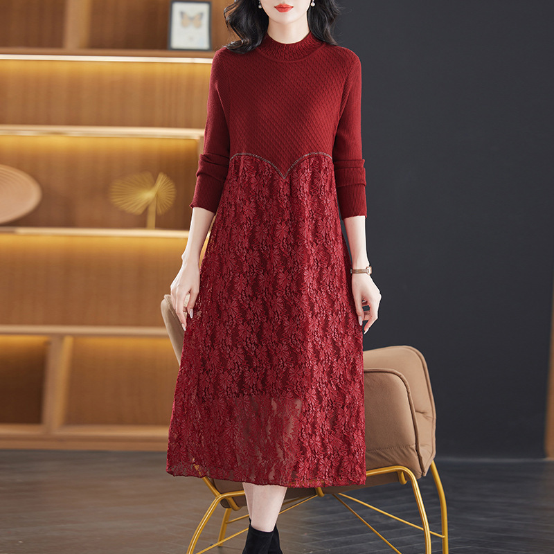 Autumn 2024 New Temperament Women's Spring and Autumn Long Sleeve Dress Women's Lace Stitching Knitted Slim dress