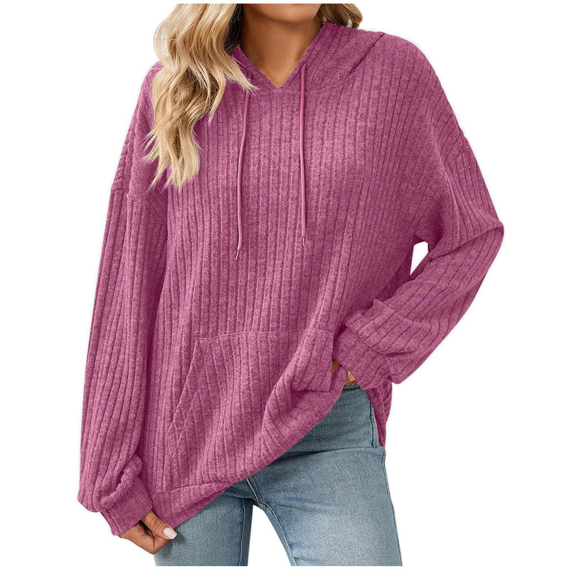 Amazon European and American Cross-Border Foreign Trade 2025 Autumn and Winter New Solid Color Long-Sleeve Hooded Ribbed Fleece Sweatshirt for Women Now Available