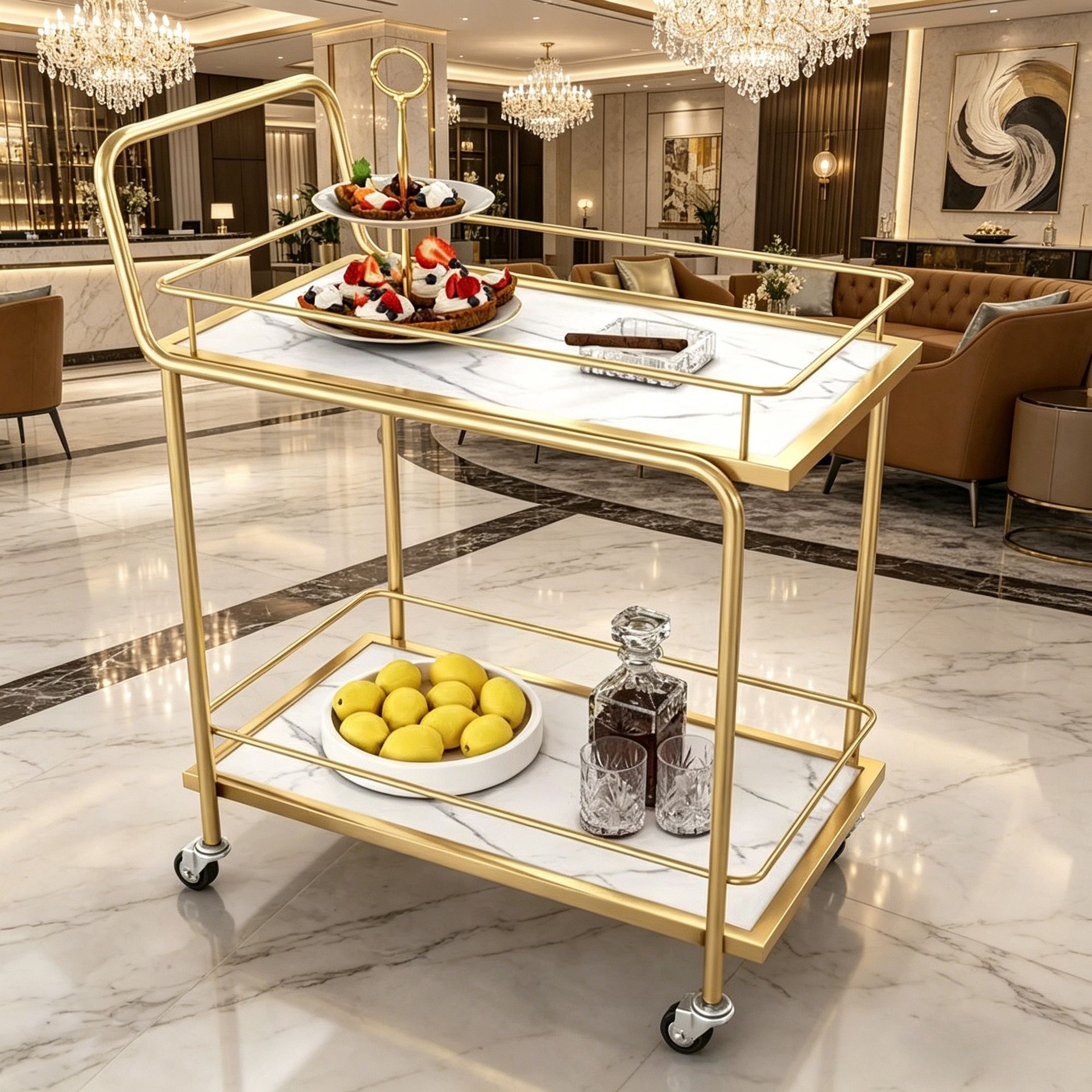 Hotel High-End Trolley, Nordic-Style Storage, Gold-Colored Multi-Layer Iron Art Restaurant Trolley, Mobile Dining Cart