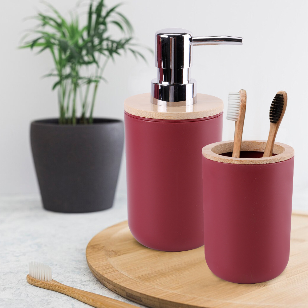 Cubierta de bambú de lavado de baño de plástico de seis piezas de la fábrica al por mayor de almacenamiento de baño estante titular de cepillo de dientes de basura puede