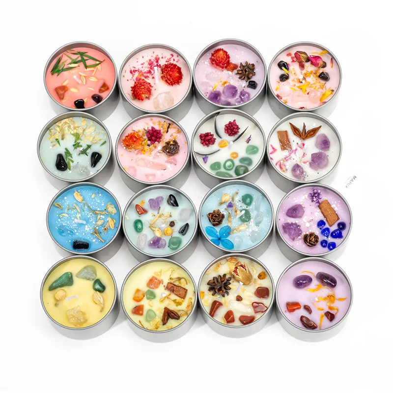 Flores secas de cristal, velas aromáticas coloridas, comercio electrónico transfronterizo, latas, fragancia, cera de soja, cristales de piedra natural hechos a mano