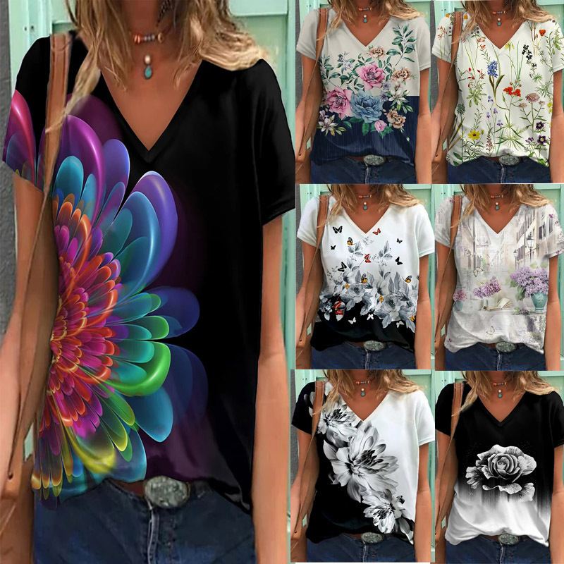 Cross-Border 2021 Amazon Pullover Round Neck Abstract Retro Printed Street Short-Sleeved Multi-Color Loose V Neck T-Shirt Cross-Border 2021 Amazon Pullover Round Neck Abstract Retro Printed Street Short-Sleeved Multi-Color Loose V Neck T-Shirt