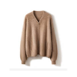 【拉绒系列】秋冬款纯山羊绒拉链V领双兜拉毛针织开衫外套女