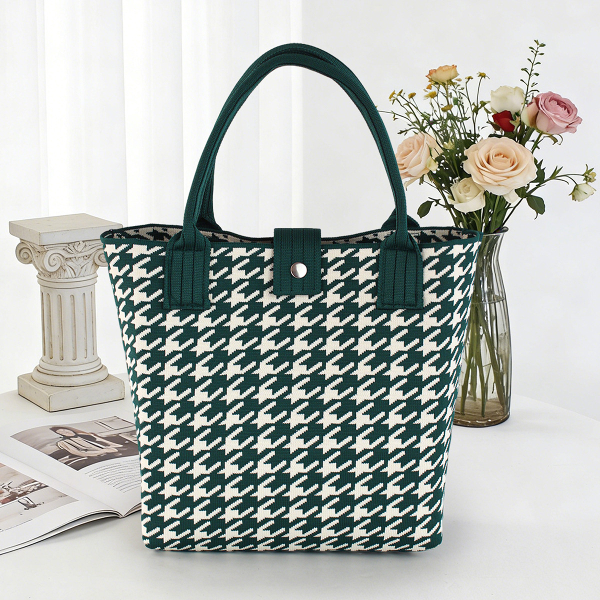 Bolso de tejido coreano de gran capacidad de transporte de moda de mil pájaros bolsos de mano casuales versátiles bolsos de bento image 15