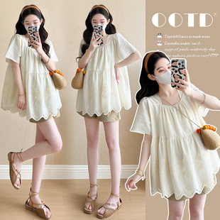 Maternity 2025 Summer New Korean-style Lace Embroidered Age-reducing Doll Shirt Top Belly Shorts Two-piece Set