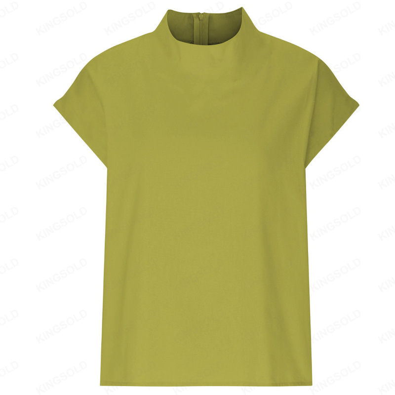 Button Cotton and Linen Stand-Up Collar Casual Shirt for Women, Comfortable Short-Sleeved Plus Size Women's Clothing, Fat New Style, Simple Half Turtleneck, Slimming Look