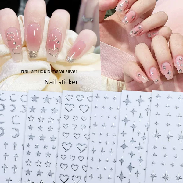 Nail art stickers metal silver hollow love star moon metal mirror silver cross 3D self-adhesive adhesive decal