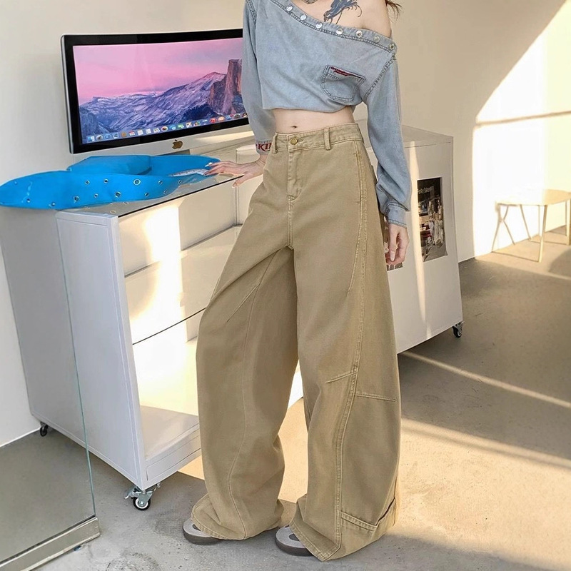 Khaki Wide-Leg Jeans, Loose Fit, High-Waisted, Slimming, Drapey, Floor-Length, Straight-Cut, Pear-Shaped Body, Women's Denim Wide-Leg Pants