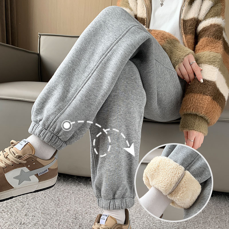 Women's Gray Lamb Wool Pants for Spring and Autumn 2026 New Style, Thin Sports Cotton Pants, Loose Fit, Jogger Sweatpants for Outdoor Wear