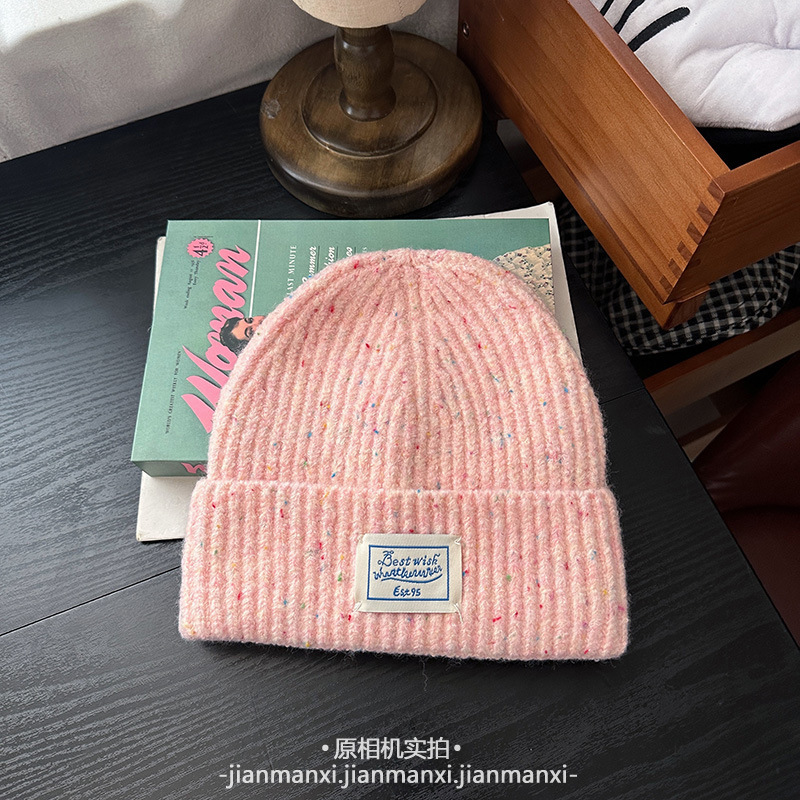 新款韩版ins针织混彩彩色点点毛线帽子女秋冬保暖护耳冷帽套头帽|undefined