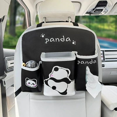 Storage mat car anti-kick mat cute cartoon minimalist panda black and white mat car leather anti-dirty waterproof storage (Chair back anti-kick pad) - seat-back-storage-bag-wall-climbing-panda-printing-leather-blackwhite