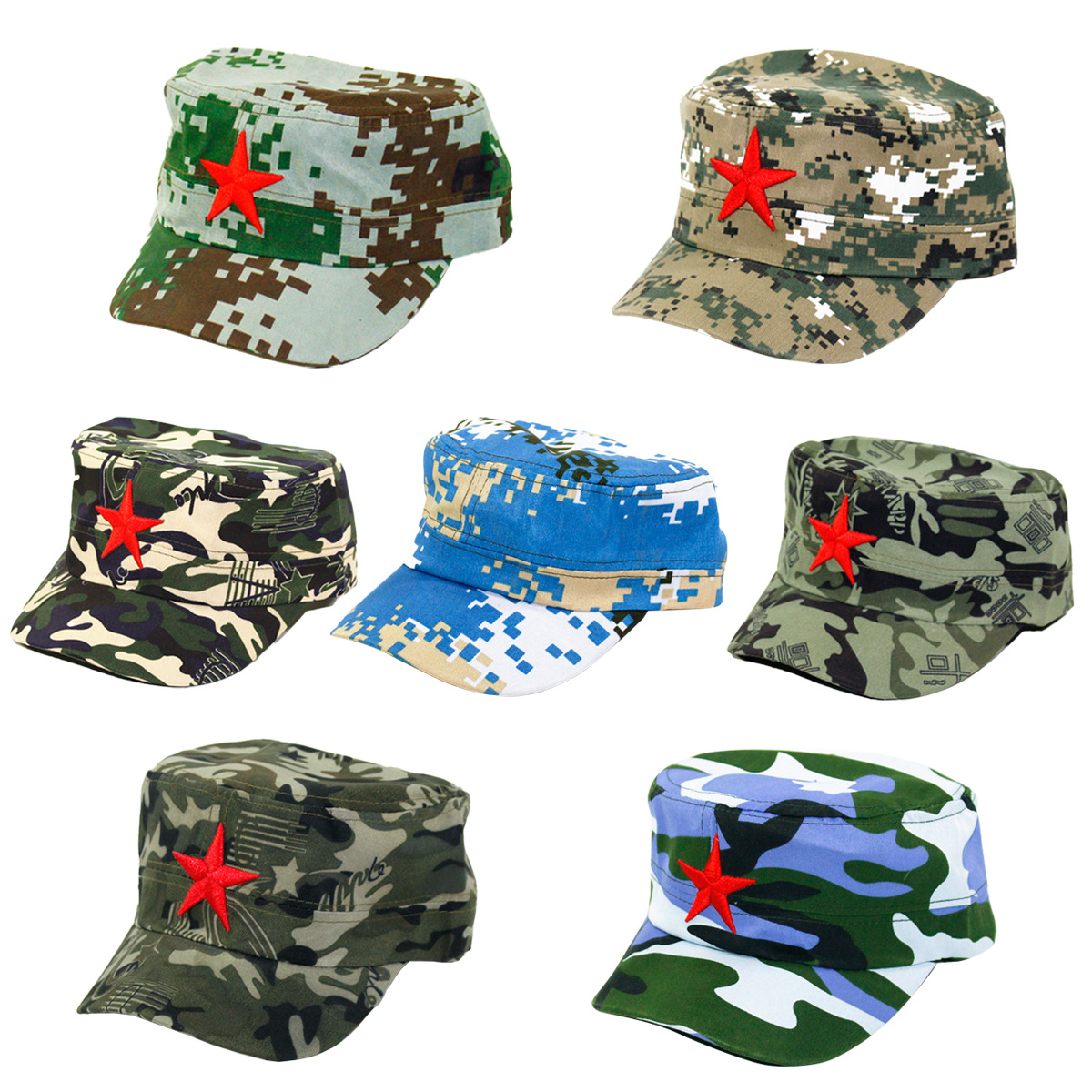 军帽迷彩五角星儿童成人海陆空定制款军训平顶帽遮阳帽红军帽批发