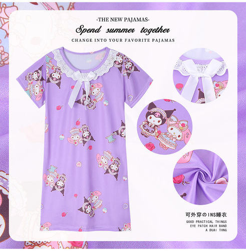 Girls' Sleep Gowns, Children's Summer Short Sleeve Baby Thin Edge Lace Dress, Cartoon Homecoming Wear for Little Girls, Medium to Large Kids