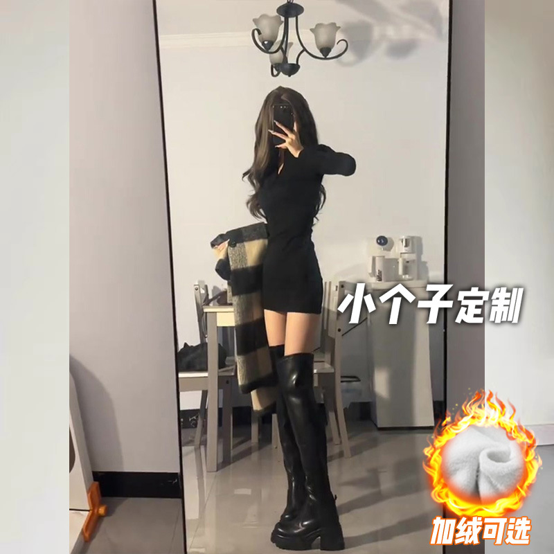 150 Short Sexy Spice Girl Hip dress Women's Autumn and Winter fleece-lined Knitted Inner Waisted A- shaped Mid-length