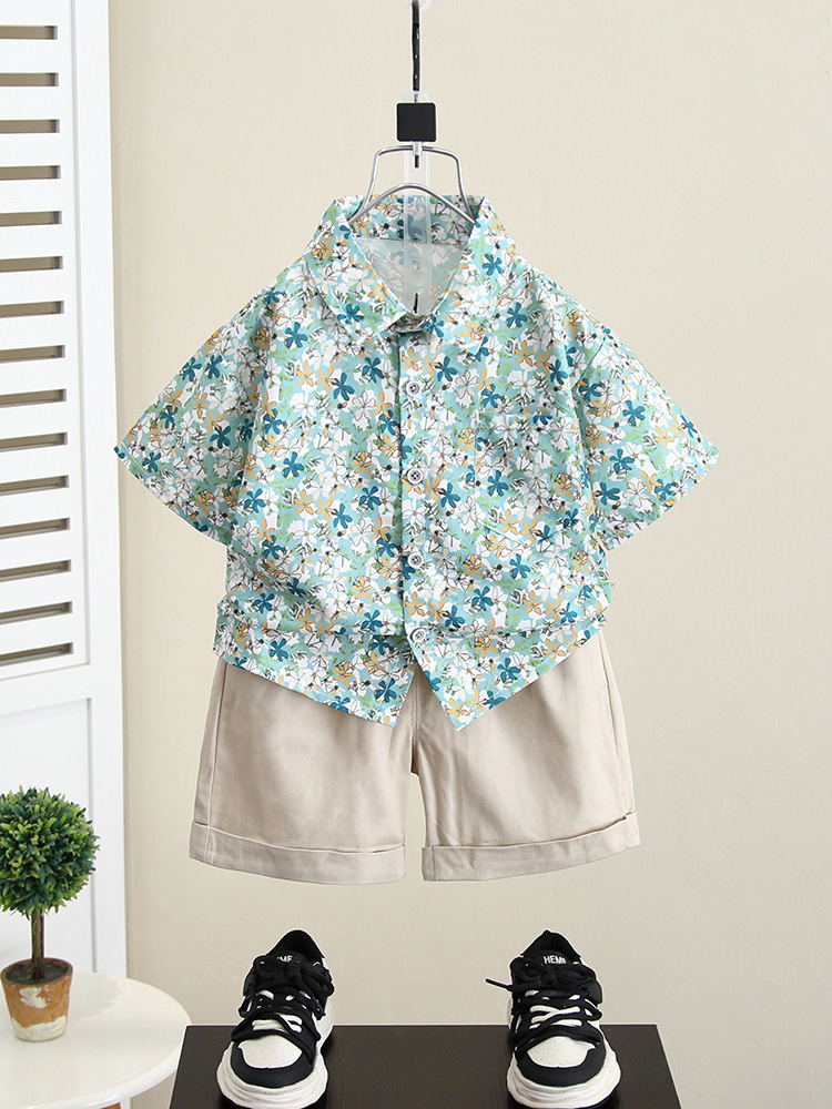 Conjunto de Verano para Niños 7917, Estilo 2026, Camisa de Playa con Estampado Floral, Conjunto de Dos Piezas de Manga Corta, Ropa Infantil
