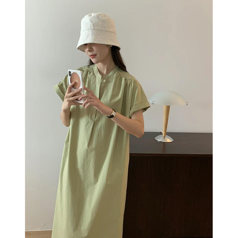 Korean Dongdaemun Egg House Loose Solid Color Short-Sleeved Shirt Dress Retro Casual Round Neck Tie Dress Summer Korean Dongdaemun Egg House Loose Solid Color Short-Sleeved Shirt Dress Retro Casual Round Neck Tie Dress Summer