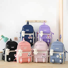 简约新款学生书包五件套初高中校园百搭双肩包大容量户外旅行背包