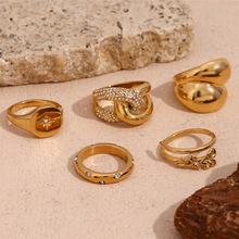 欧美INS小众个性创意手饰不锈钢镀18K金花朵交叉双层北极星戒指女