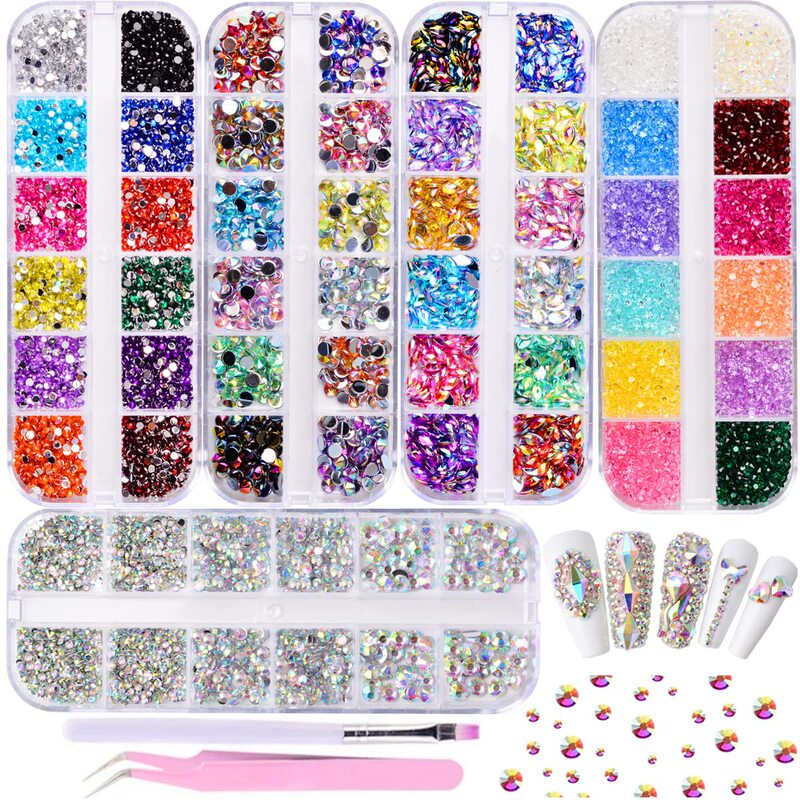 Nail art AB rhinestone 12 color acrylic horse eye sequins 12 grid rectangular box mixed decorations tweezers suit Nail art AB rhinestone 12 color acrylic horse eye sequins 12 grid rectangular box mixed decorations tweezers suit