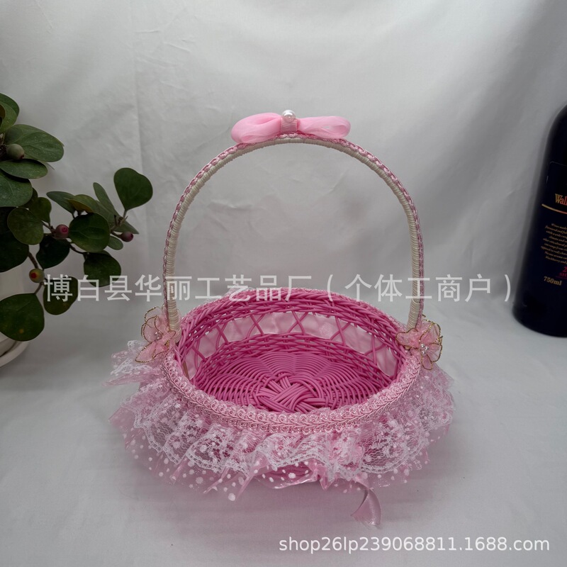 Imitation Rattan Woven Flower Basket Wedding Flower Girl Petal Basket Glass Yarn Decorative Storage Basket Valentine's Day Hand-Held Flower Basket