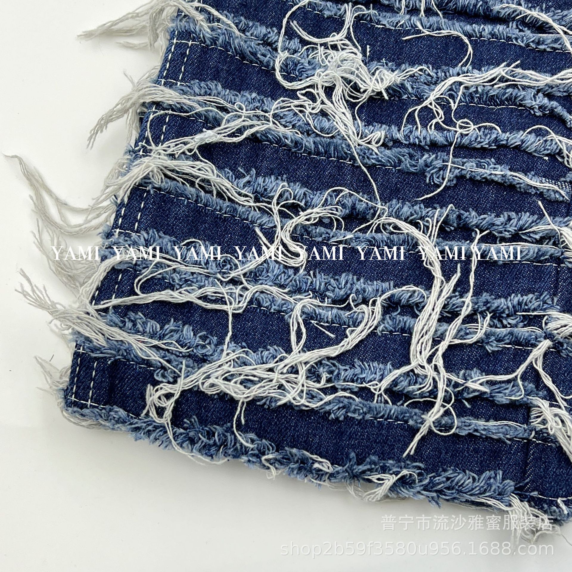 Venta directa de fábrica de doble capa de rayas horizontales borla tela de mezclilla moda marca textura bolsa de tela de los pantalones vaqueros image 4