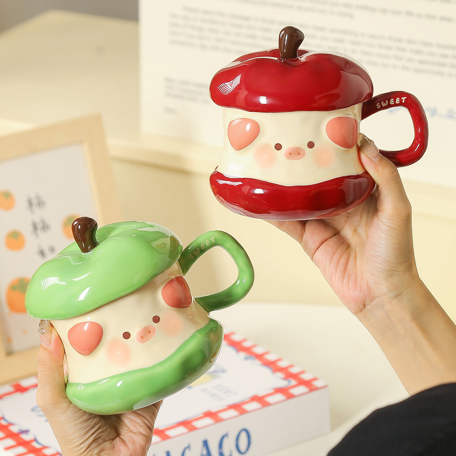 高颜值卡通苹果陶瓷水杯可爱女生马克杯圣诞节生日礼物伴手礼杯子