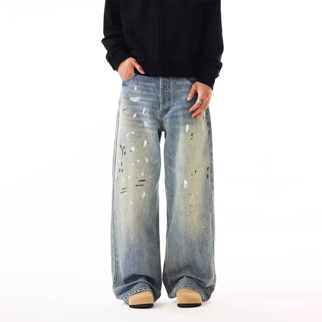 Men's Clothing Men's Retro Trendy Ink Splatter Wash Distressed Loose Straight Leg Wide Leg Jeans Versatile Casual Commuting Pants_mkmklike.com