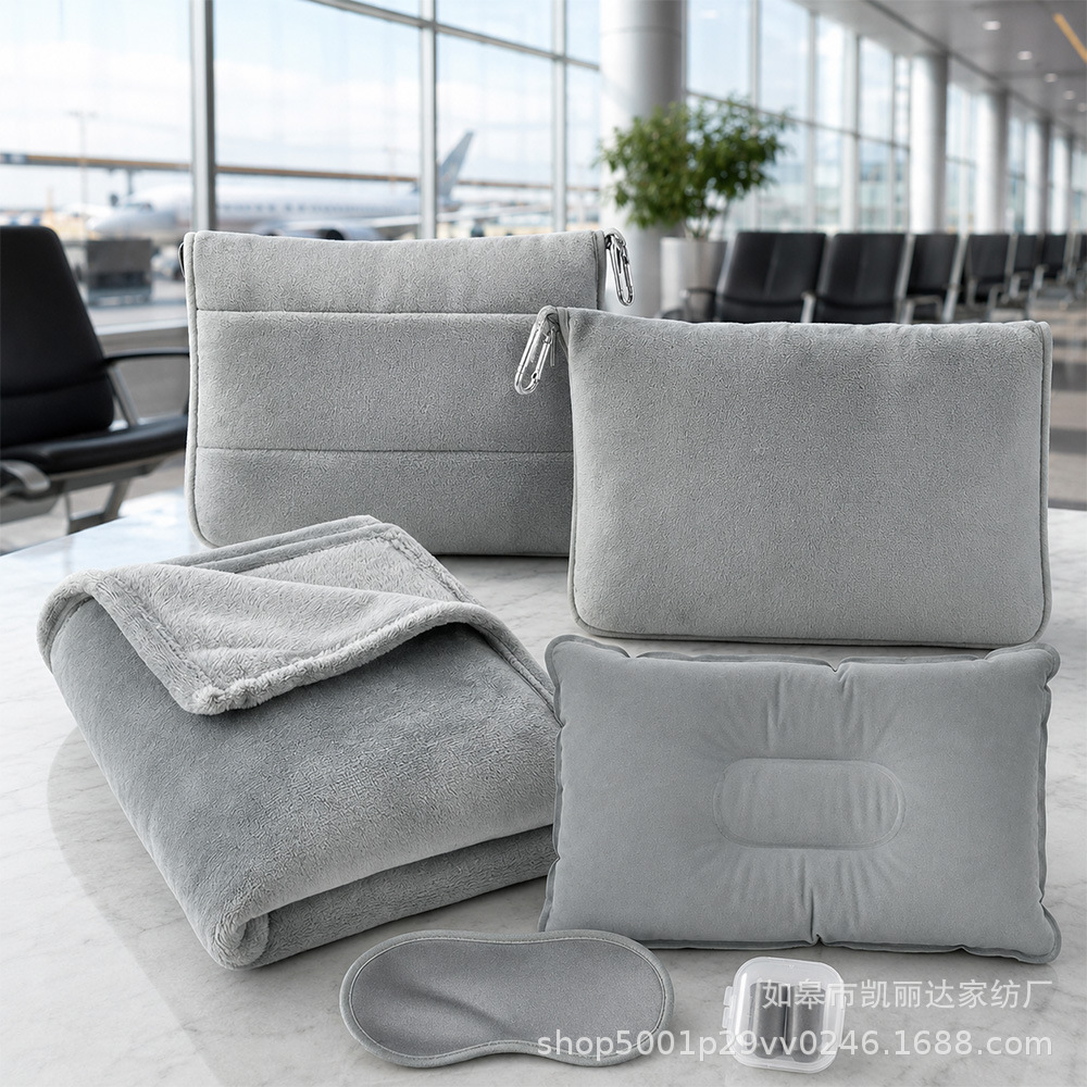 Travel blanket, flight set, foldable inflatable two-in-one pillow, portable blanket, warm flannel air conditioning blanket for business trips