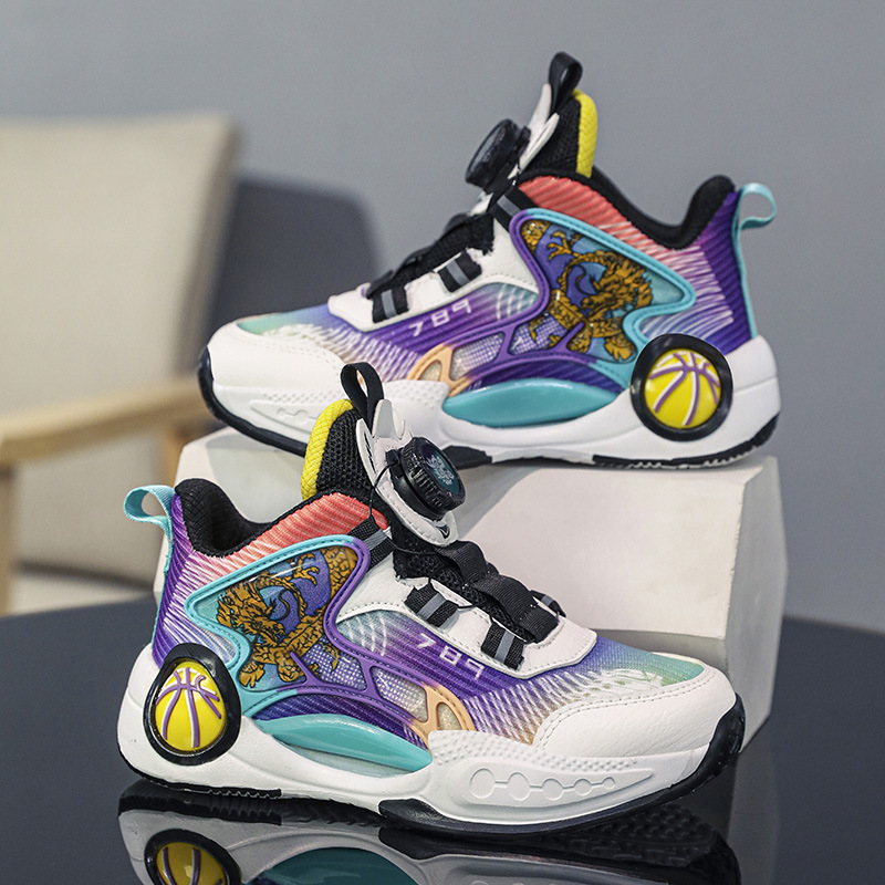Zapatos para niños, calzado deportivo, 2025 nuevas zapatillas de baloncesto para niños de verano, zapatillas transpirables de malla con hebilla giratoria para niños de mediana edad