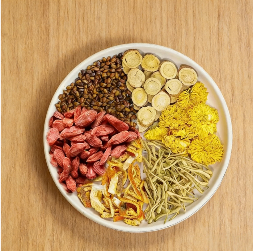 Chrysanthemum Cassia Seed Tea 5g x 30 Pyramid Tea Bags with Tangerine Peel Goji Berry Honeysuckle and Licorice overview