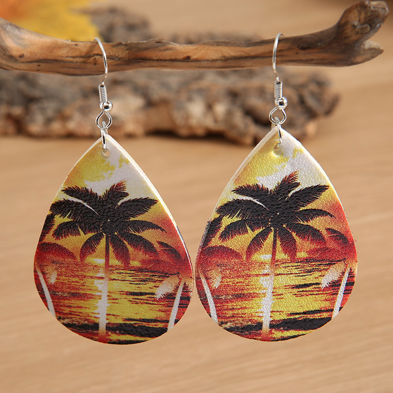 Coconut Tree Leather Seaside Holiday Sunset Printed Earrings display picture 1